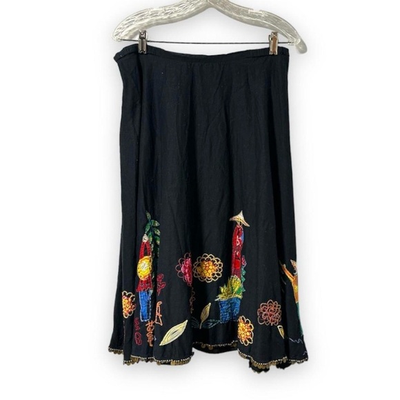 Chico's Black Embroidered Asian Motif Beaded Midi Skirt Women’s Size Medium Boho - Picture 2 of 8